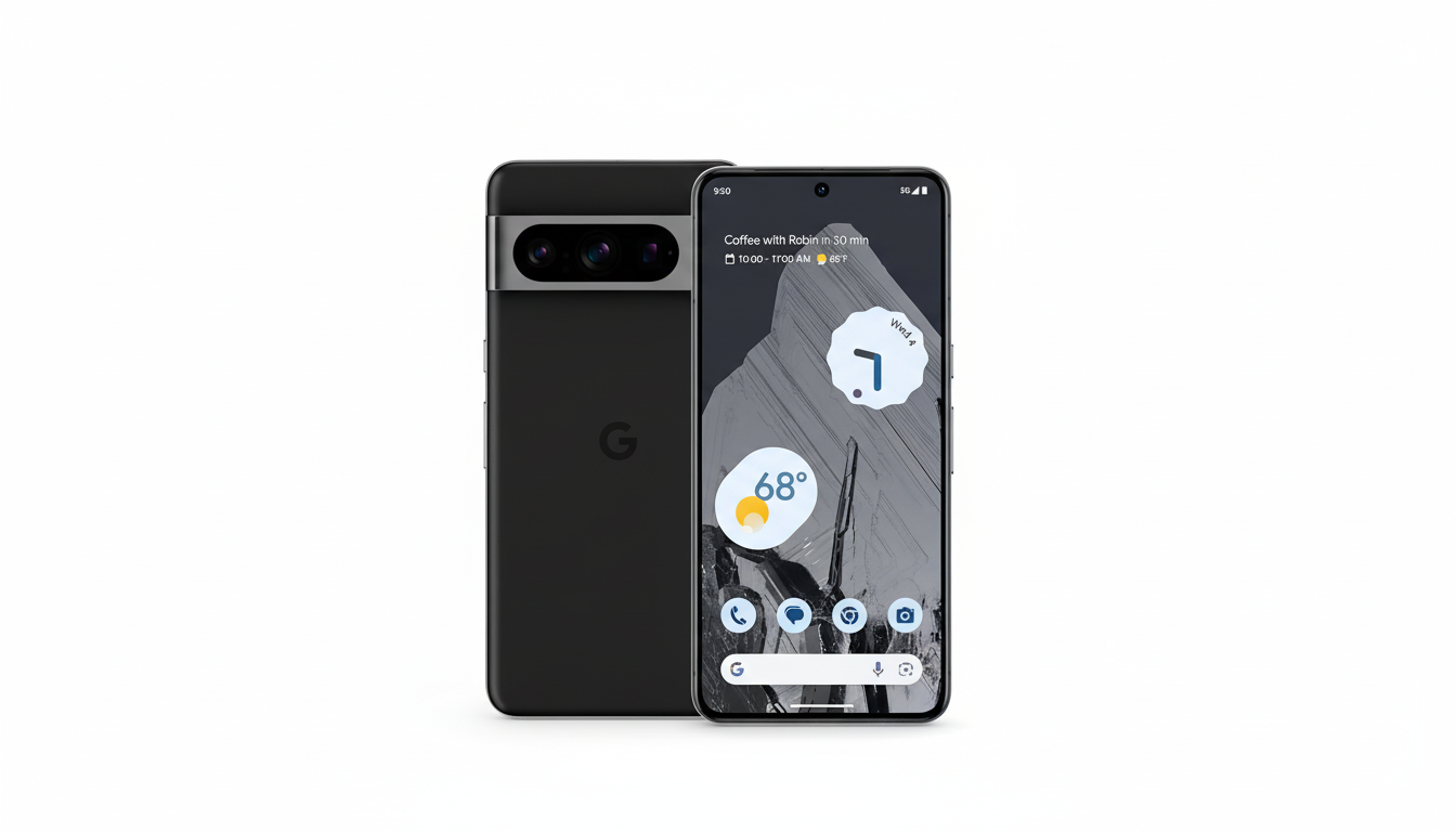 A black Google Pixel 7 Pro smartphone is displayed in a 16:9 aspect ratio. The phone is shown from the front and back, with the front screen displaying the home screen with weather and app icons.