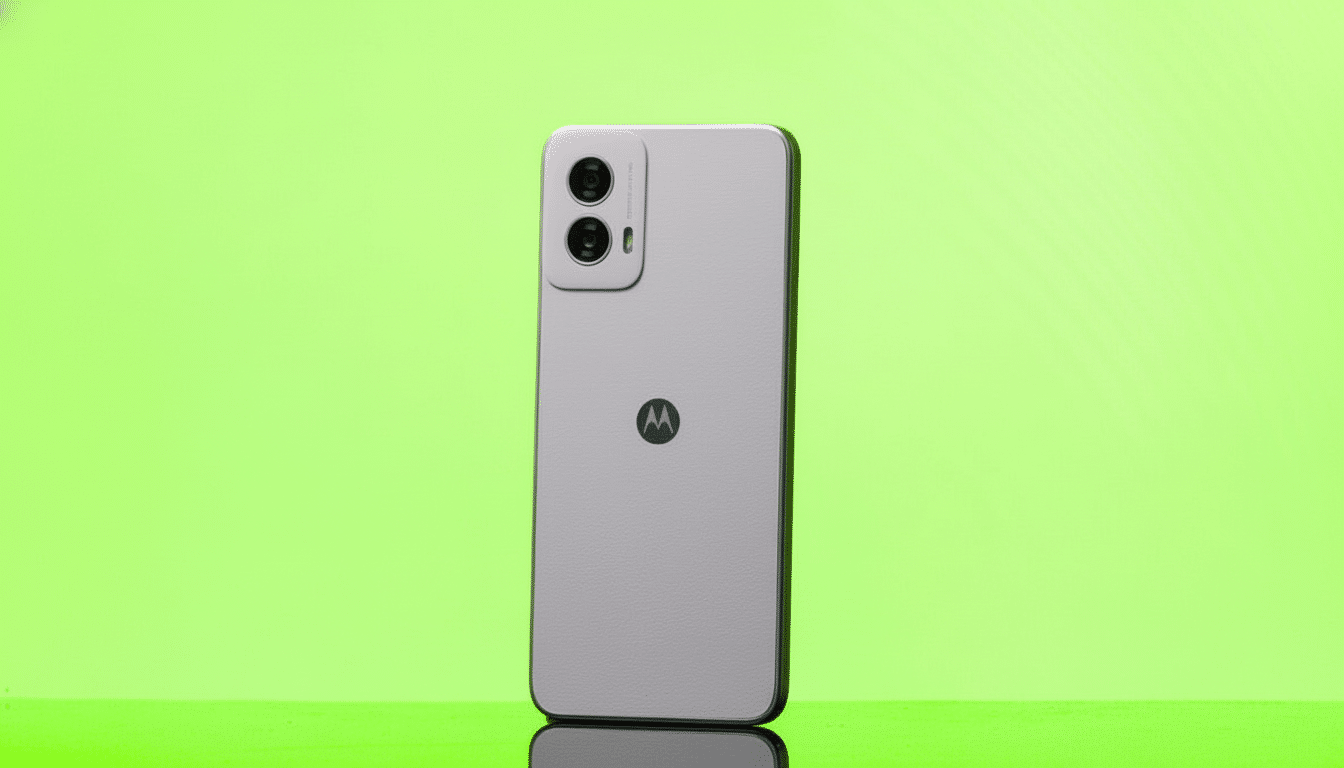 A grey Motorola smartphone is displayed on a reflective surface against a vibrant green background, showcasing its dual camera setup and the Motorola logo. Filename : motorola phone greenbackground .png