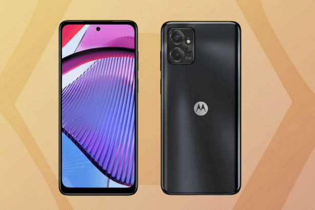 Two dark grey Motorola phones displayed side-by- side, one showing the screen with a purple and blue wavy design, and the other showing the back with the Motorola logo and camera details , set against a soft, gradient background.