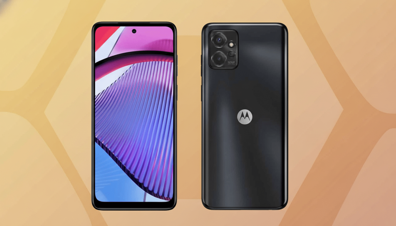 Two dark grey Motorola phones displayed side-by- side, one showing the screen with a purple and blue wavy design, and the other showing the back with the Motorola logo and camera details , set against a soft, gradient background.