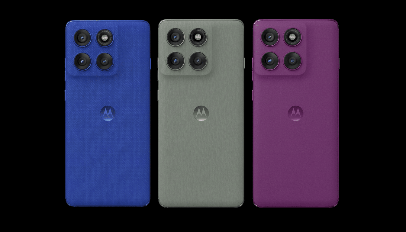 Three Motorola smartphones in blue, grey , and purple, arranged vertically against a black background. Each phone features a prominent camera array with four lenses and the Motorola bat wing logo on the back .