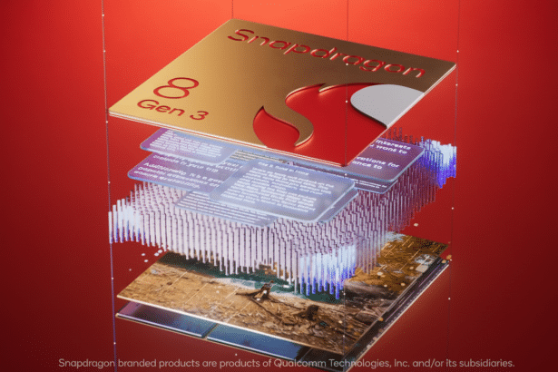 A gold-colored Snapdragon 8 Gen 3 logo, featuring a flame design, sits atop a translucent stack of interconnected circuitry and display panels against