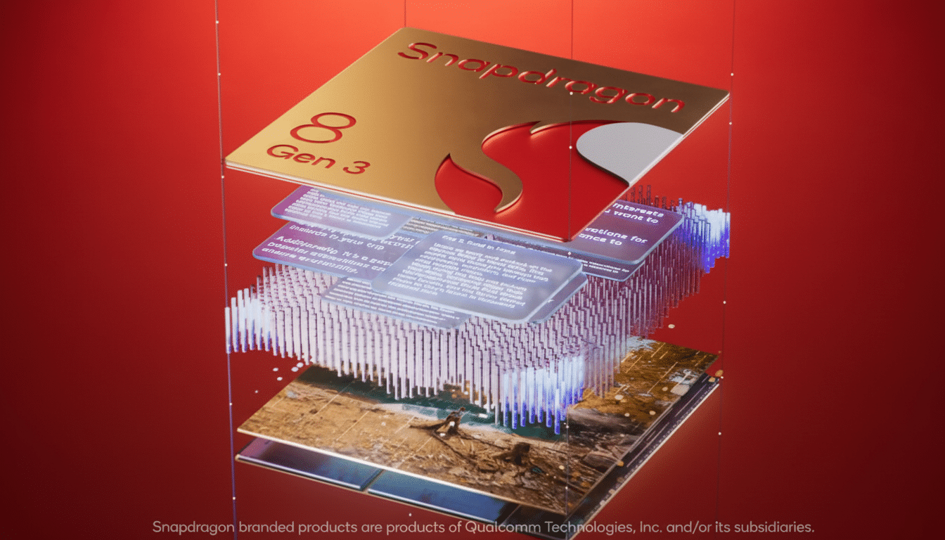 A gold-colored Snapdragon 8 Gen 3 logo, featuring a flame design, sits atop a translucent stack of interconnected circuitry and display panels against