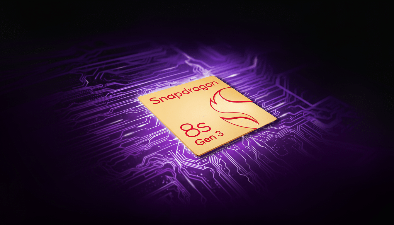 A professional image of the Snapdragon 8s Gen 3 processor on a glowing purple circuit board background, resized to a 16: 9 aspect ratio.