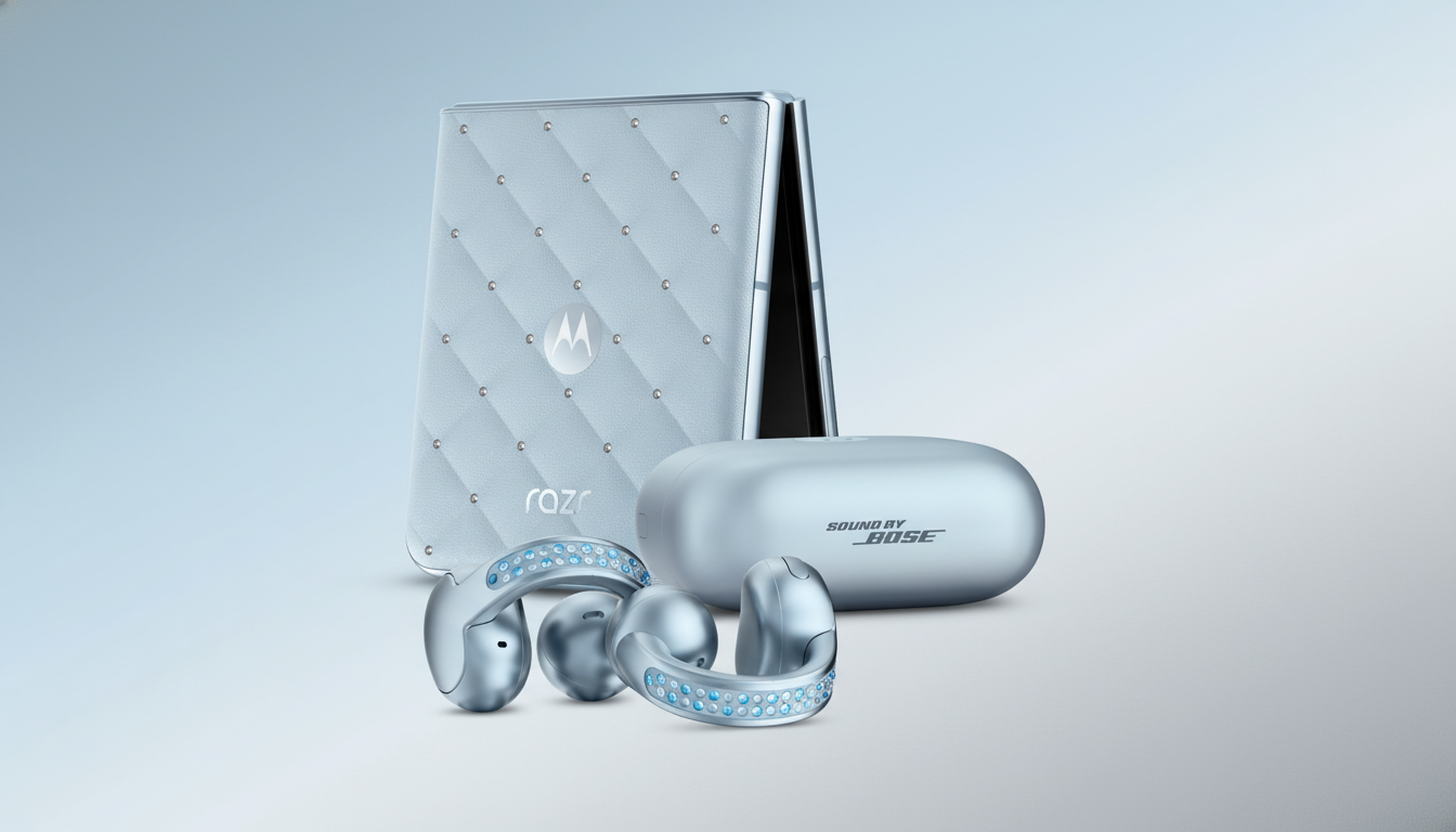 A light blue Motorola Razr phone with a quilted, studded back, a pair of matching light blue Bose earbuds with sparkling accents, and their charging case, all arranged on a soft gradient background.