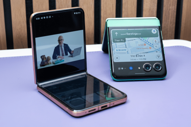 Two Google Pixel Fold phones displayed , one open showing a video call and the other partially folded showing a map application .