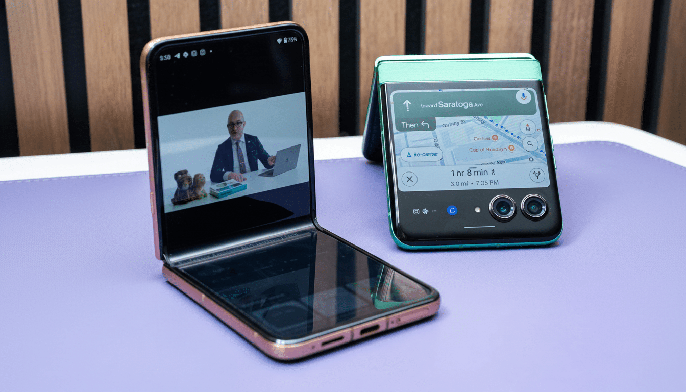 Two Google Pixel Fold phones displayed , one open showing a video call and the other partially folded showing a map application .