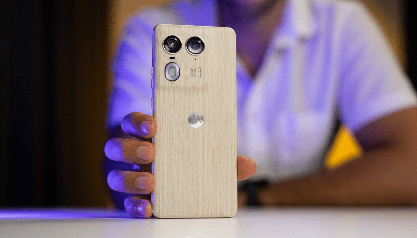 A person holding a Motorola smartphone with a light wooden texture on its back, displaying its camera module and Motorola logo, resized to a 1 6:9 aspect ratio.