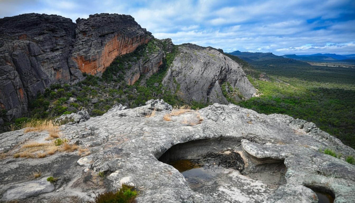 A high -angle shot of a mountainous landscape with dark grey and reddish-brown rock formations, green foliage, and a cloudy blue sky. In the foreground, there are grey rocks with small indent ations.