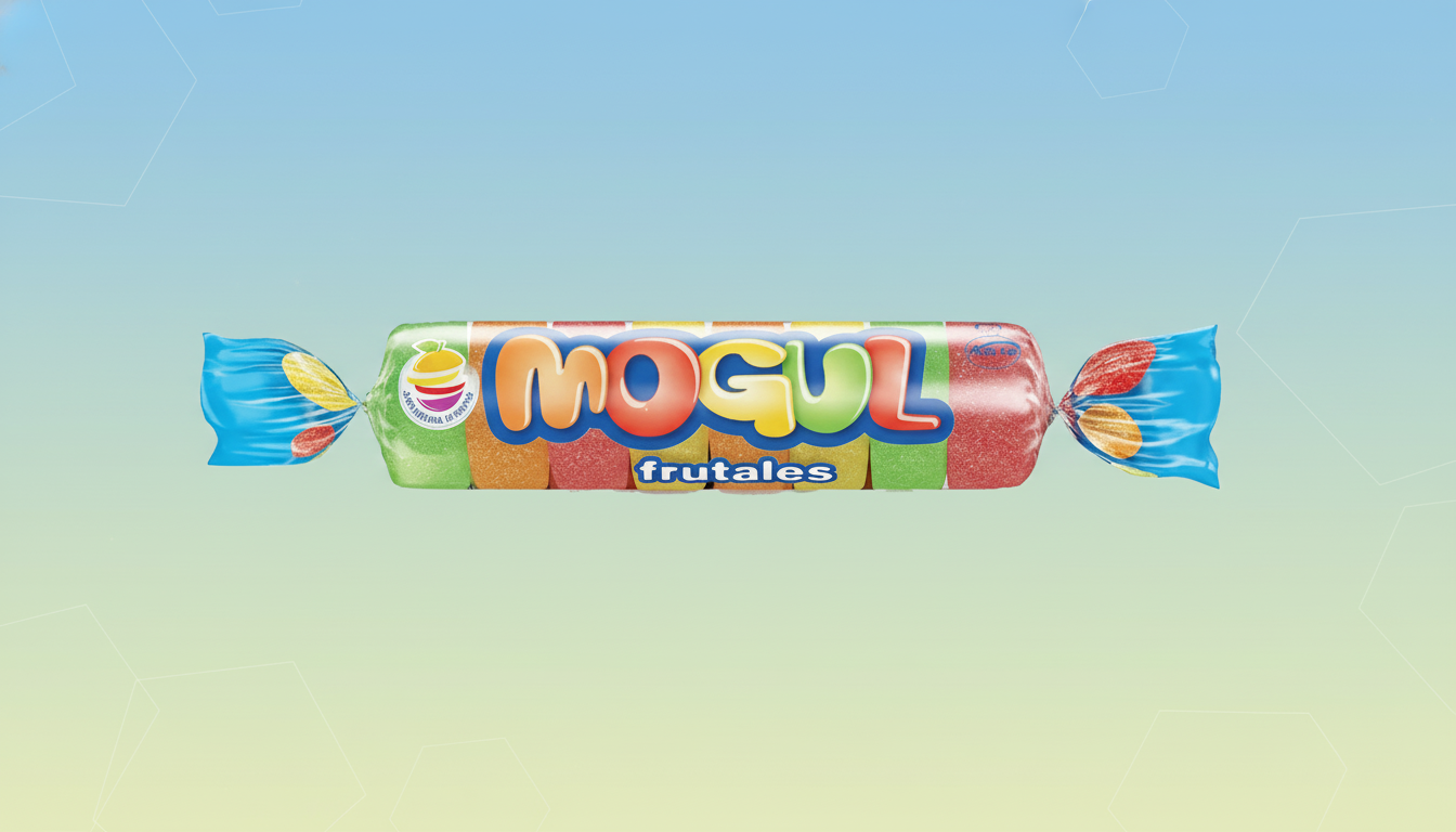 A professionally enhanced image of a MOGUL frutales candy roll, resized to a 16:9 aspect ratio. The candy is wrapped in clear plastic with blue twisted ends, showcasing colorful, sugar-dusted fruit-flavored candies inside. The background is a soft gradient from light blue to light yellow with subtle geometric patterns, providing a clean and professional presentation.
