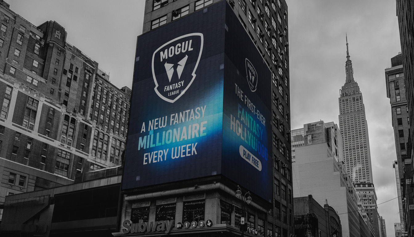 A large billboard for Mogul Fantasy League on the side of a building in a city, with the Empire State Building visible in the background. The billboard features a blue and white logo and text that reads A New Fantasy Millionaire Every Week and The First-Ever Fantasy Hollywood Play Free.