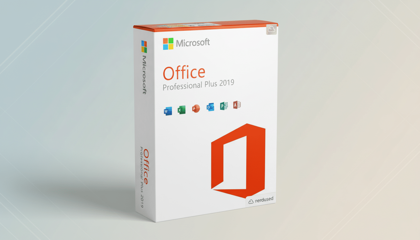 Microsoft Office Professional Plus 2 019 software box in a 16:9 aspect ratio with a subtle gradient