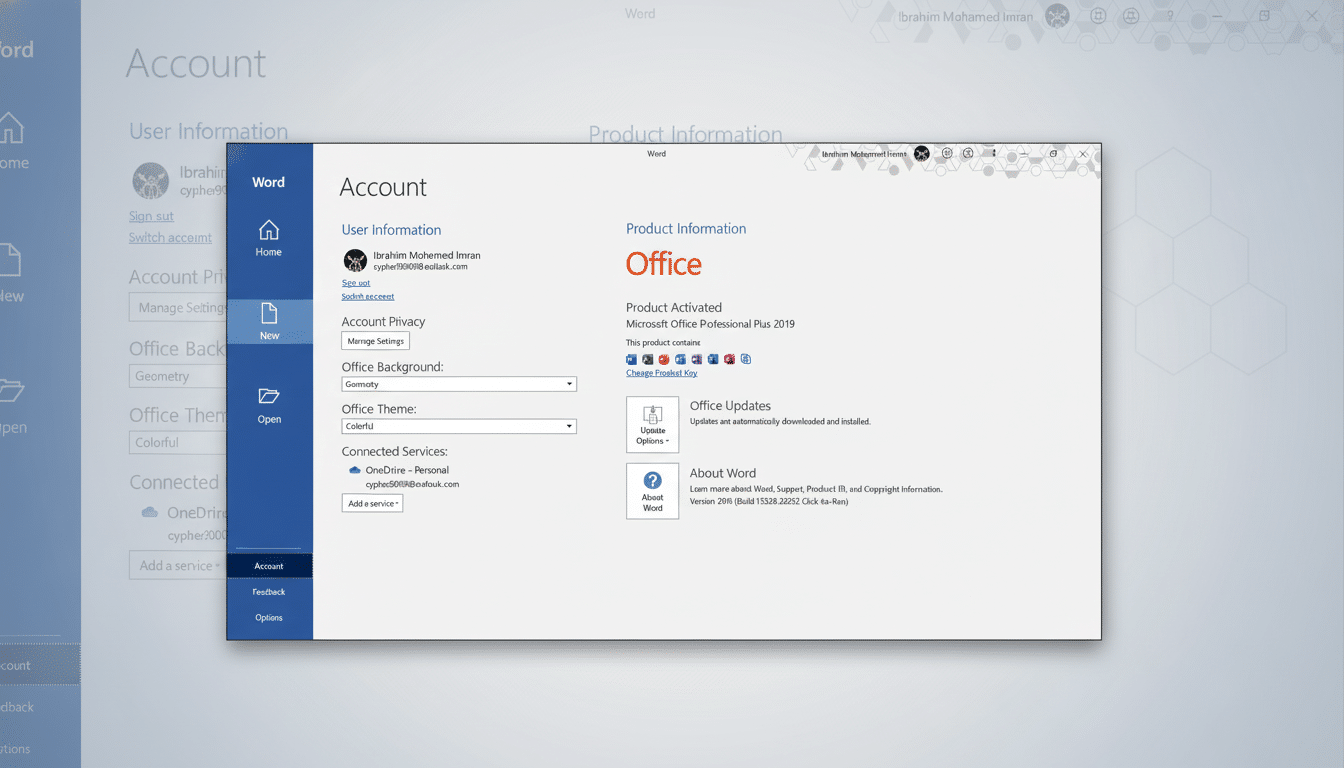 Microsoft Word account screen showing user information, product activation details for Office Professional Plus 2019 , and options for office background and theme. Filename : wordaccount screen. png