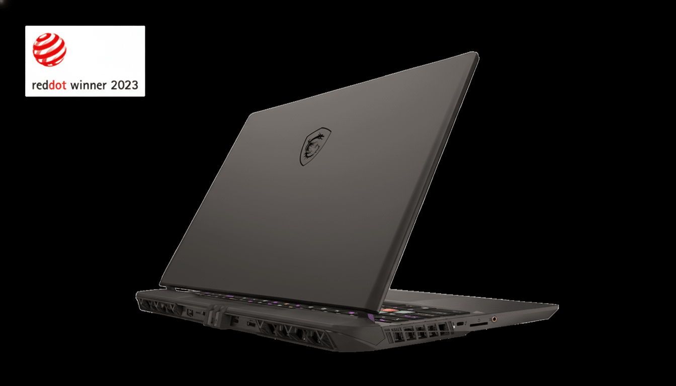 A dark gray MSI gaming laptop angled to show its back and a glimpse of its colorful keyboard, with a red dot winner 2 023 logo in the top left corner.