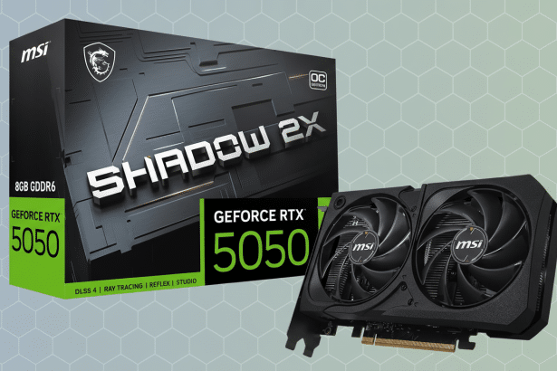 An MSI GeForce RTX 5 050 graphics card and its retail box are displayed against a subtle gray and green geometric pattern background. Filename : msi geforcert x50 50graphics cardand box.png