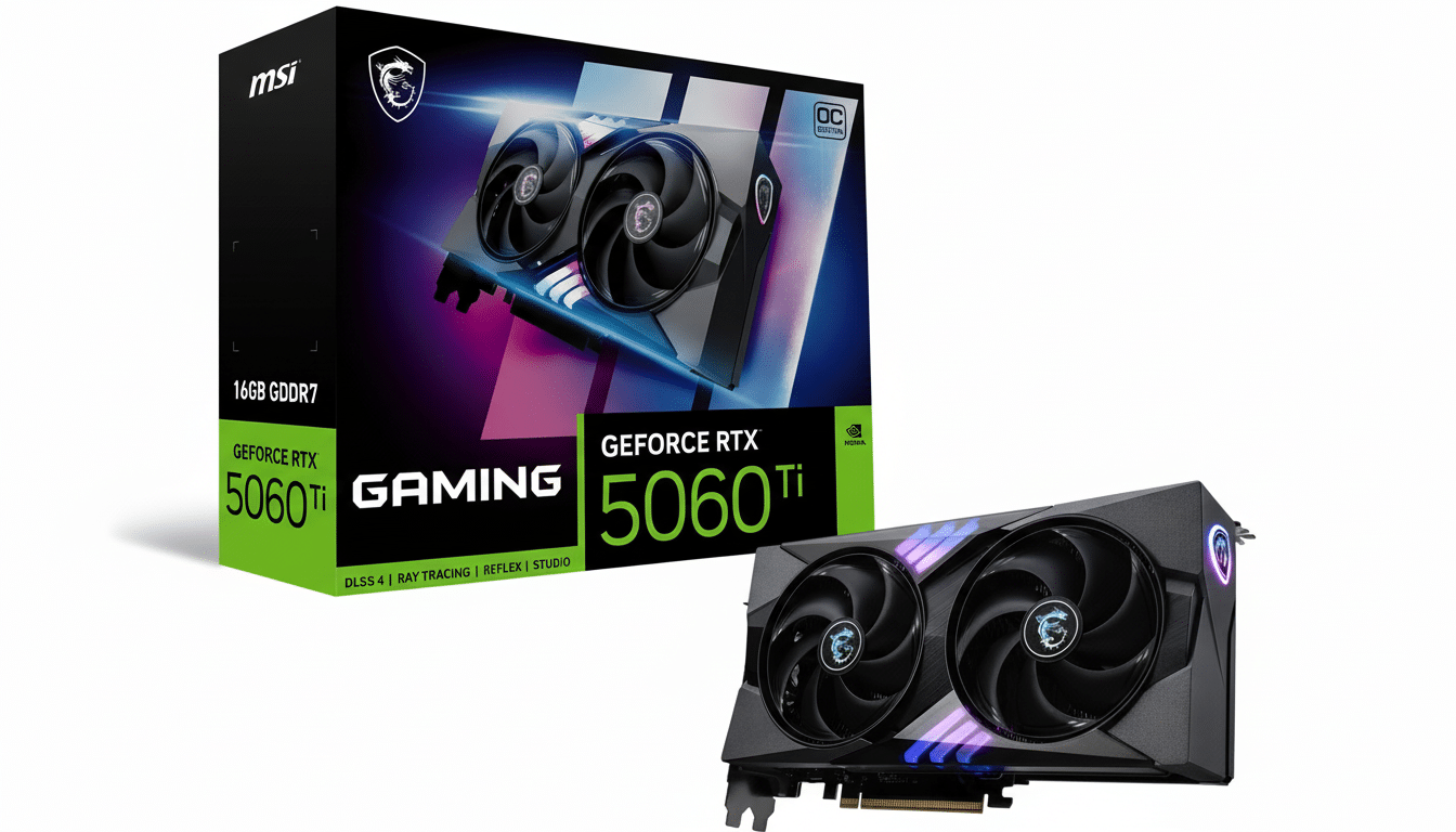 An MSI GeForce RTX 5 060 Ti graphics card next to its retail box, both presented on a clean white background.