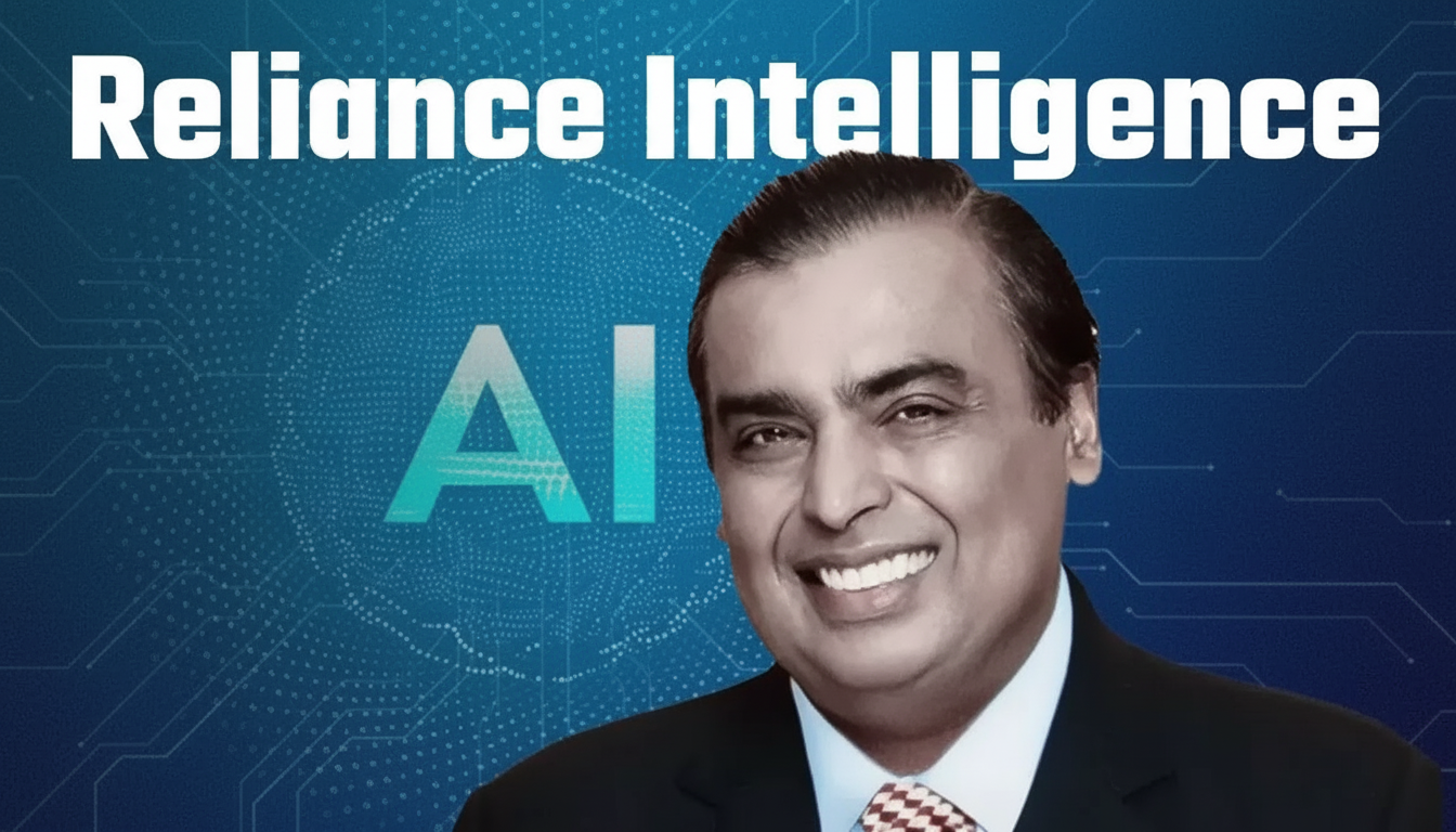 Mukesh Ambani in a suit smiling , with Reliance Intelligence and AI text , on a blue technological background. Filename : muk eshambani relianceintelligence ai.png