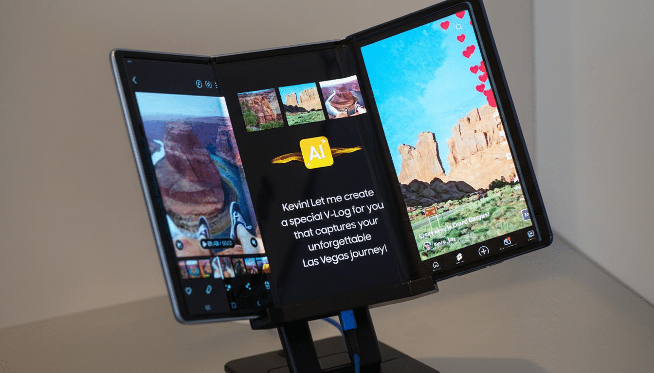 A multi -folding tablet device displaying a video editing interface with a prompt about creating a V -log and a social media feed with nature scenery .