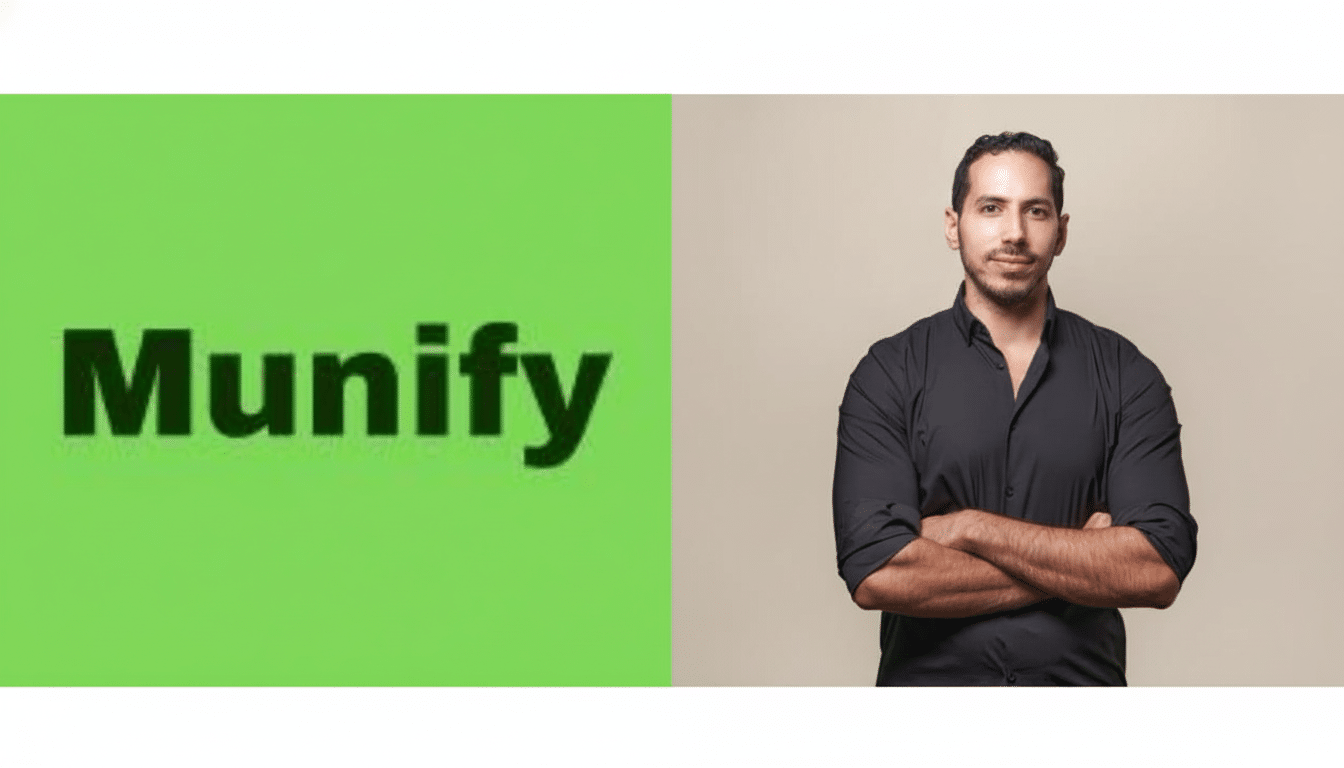 A split image showing the word Munify  in dark green on a lime green background on the left , and a man with dark hair and a beard wearing a black shirt with his arms crossed against a light tan background on the right .