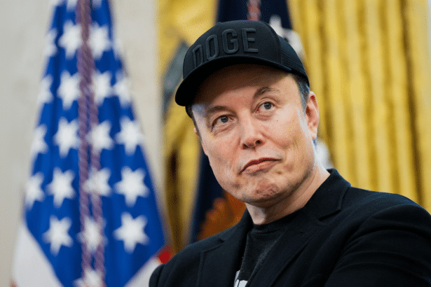 Elon Musk wearing a black DOGE hat, with an American flag and golden curtains in the background , resized to a 16: 9 aspect ratio.
