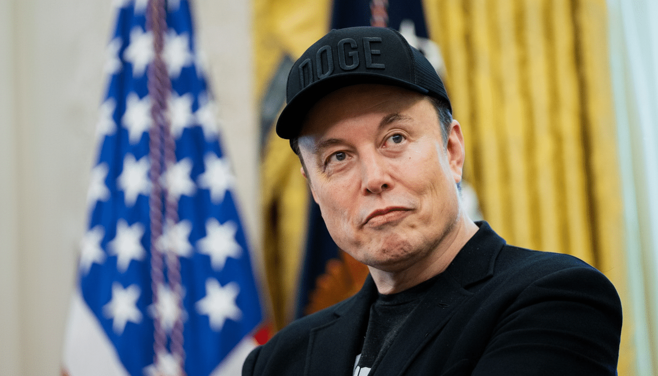 Elon Musk wearing a black DOGE hat, with an American flag and golden curtains in the background , resized to a 16: 9 aspect ratio.