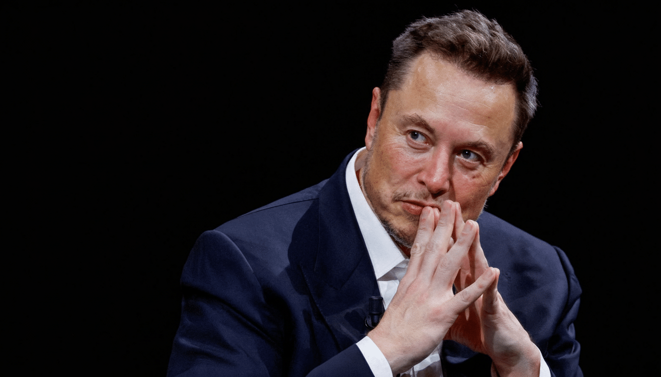 Elon Musk in a dark suit, looking intently to the side with his hands clasped under his chin.