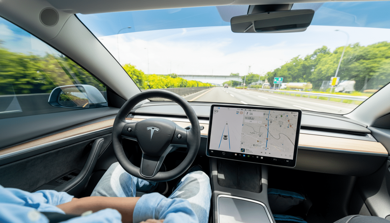 Interior view of a Tesla car with a driver's hands resting on their lap, showcasing the dashboard and a large central screen displaying navigation on a highway.