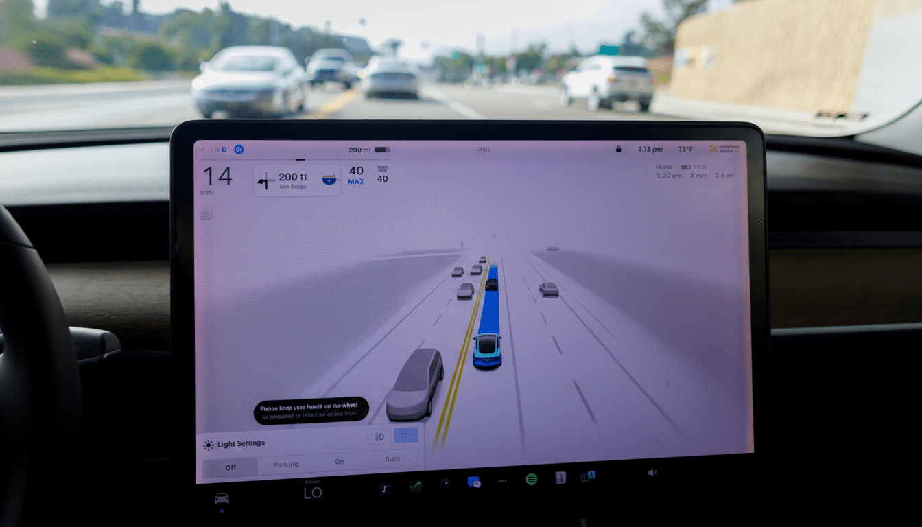 A Tesla vehicle ' s infotainment screen displaying navigation and traffic information while driving on a highway. Filename : teslainf otainmentnavigation . png