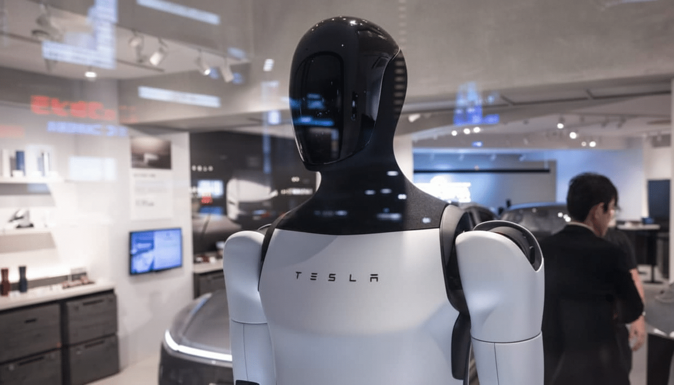 A Tesla Bot ( Optimus) humanoid robot stands in a Tesla showroom, with its upper body in focus displaying the Tesla logo, and a blurred background showing the interior of the showroom with reflections on the glass.