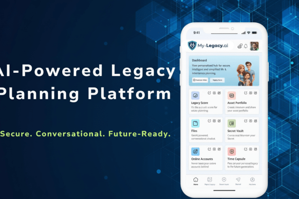 A promotional image for My -Legacy.ai, an AI- powered legacy planning platform. The image features a mobile phone displaying the app s interface, whic