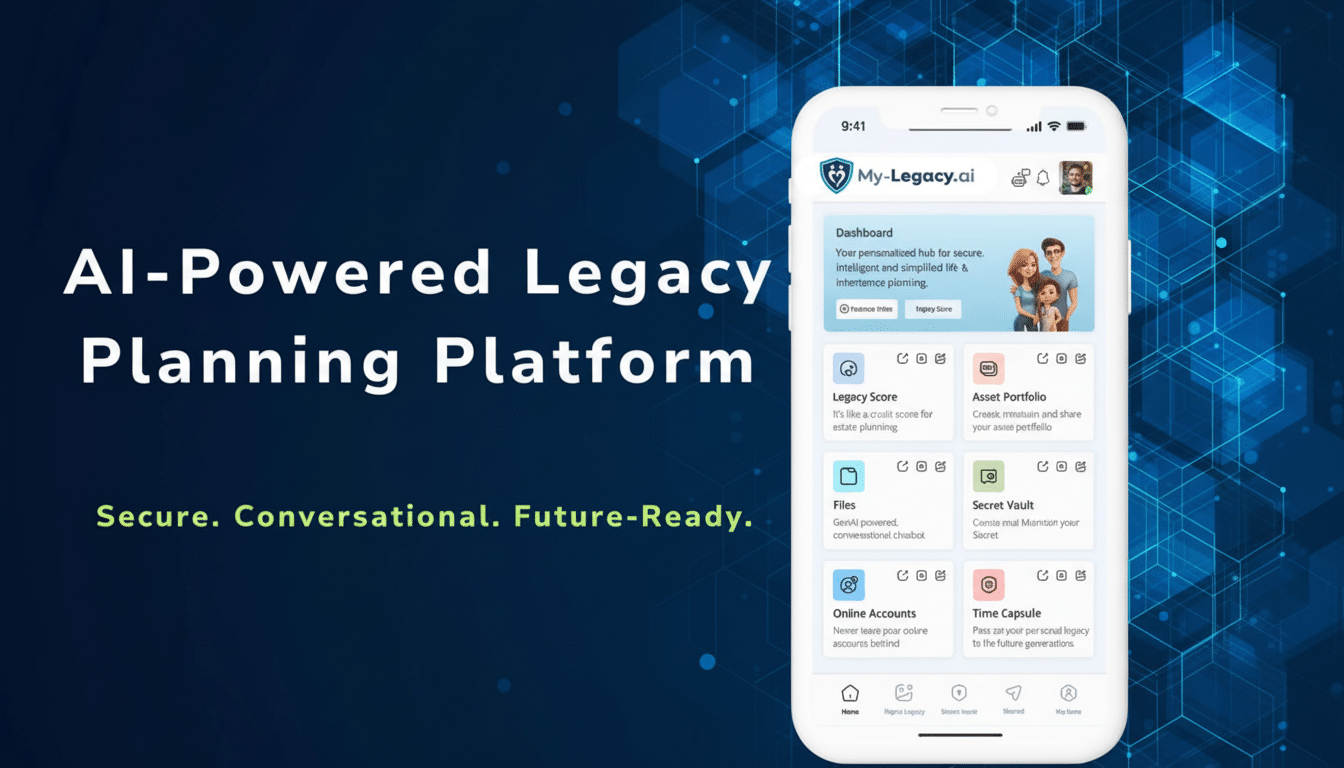 A promotional image for My -Legacy.ai, an AI- powered legacy planning platform. The image features a mobile phone displaying the app s interface, whic