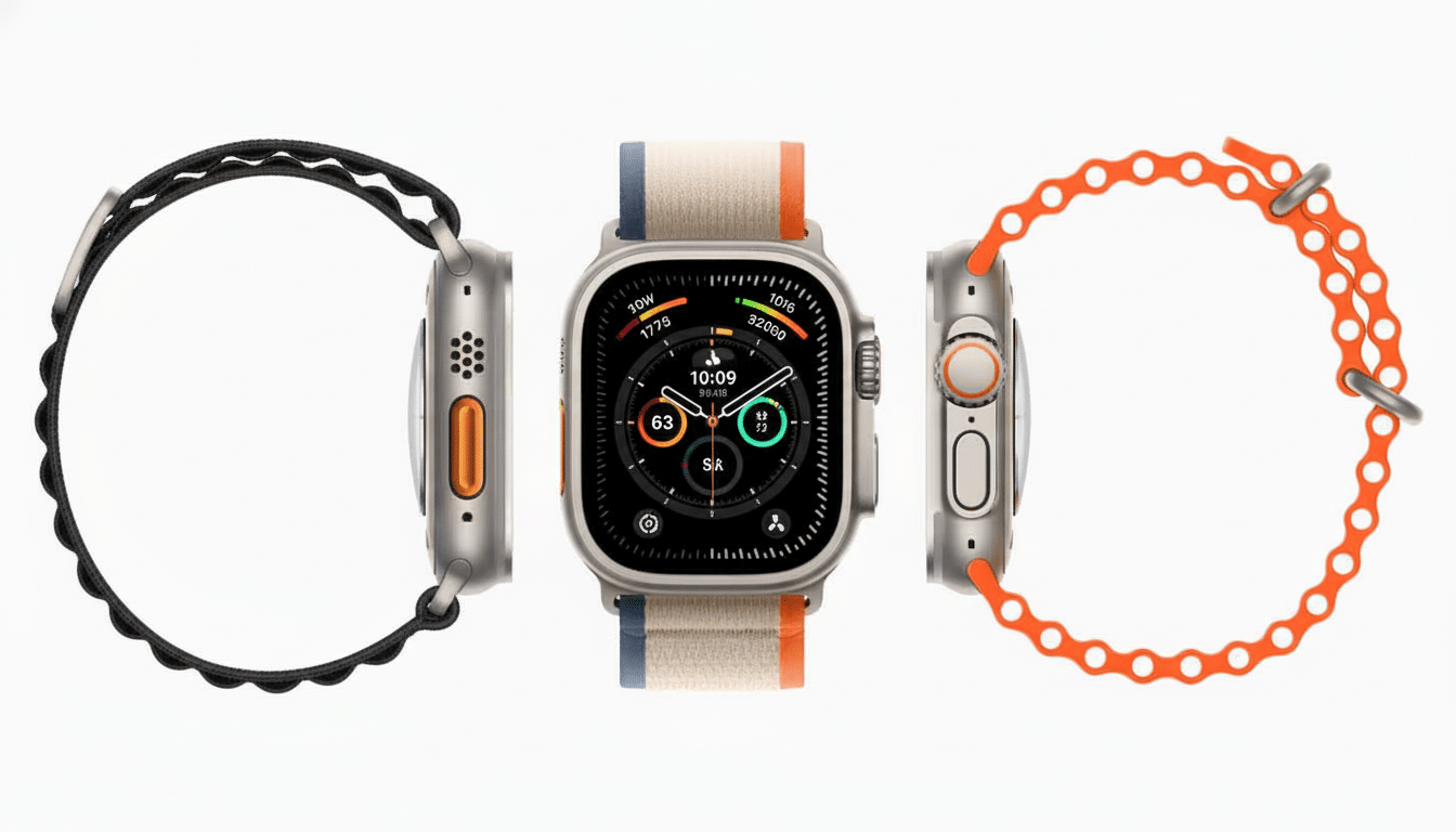 A professional image of three Apple Watches, with the middle watch facing forward showing a colorful display, and the two watches on either side showi