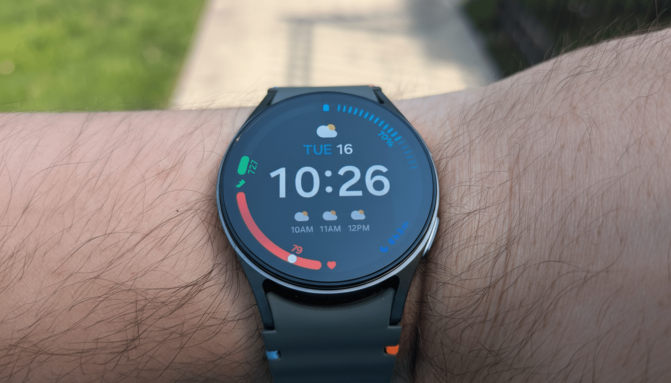 A close -up shot of a smartwatch on a persons wrist, displaying the time 10: 2 6, date Tuesday 1 6, and weather information.