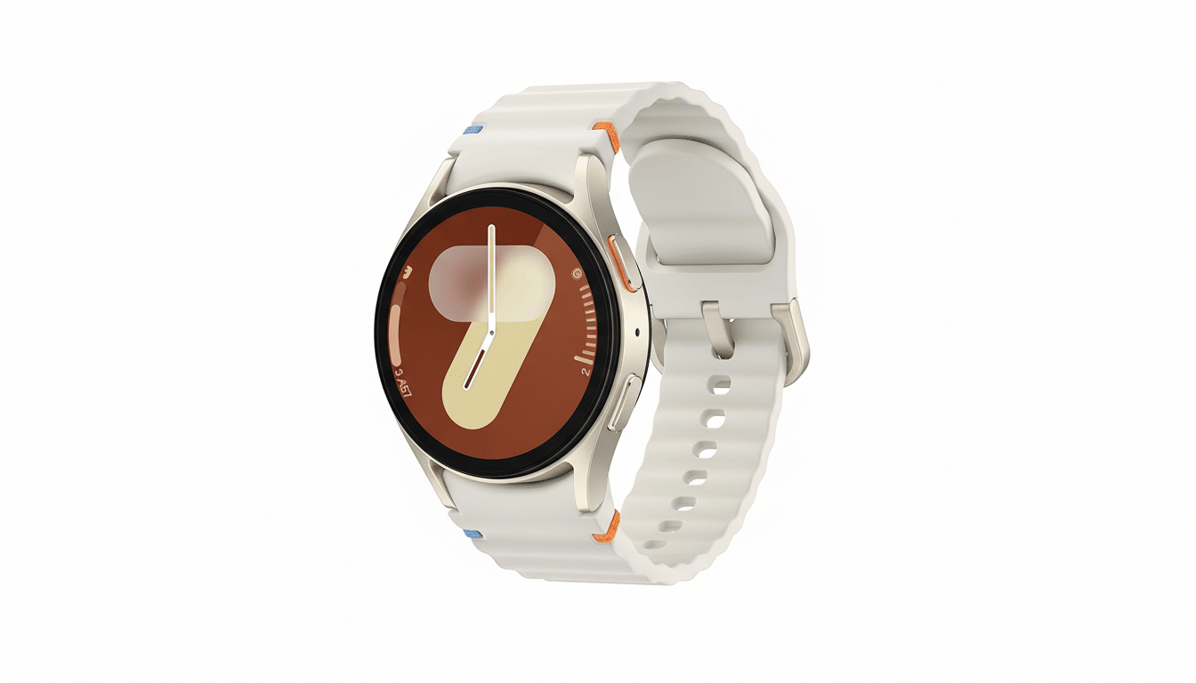 A white smartwatch with a brown watch face and white band, presented on a clean white background.