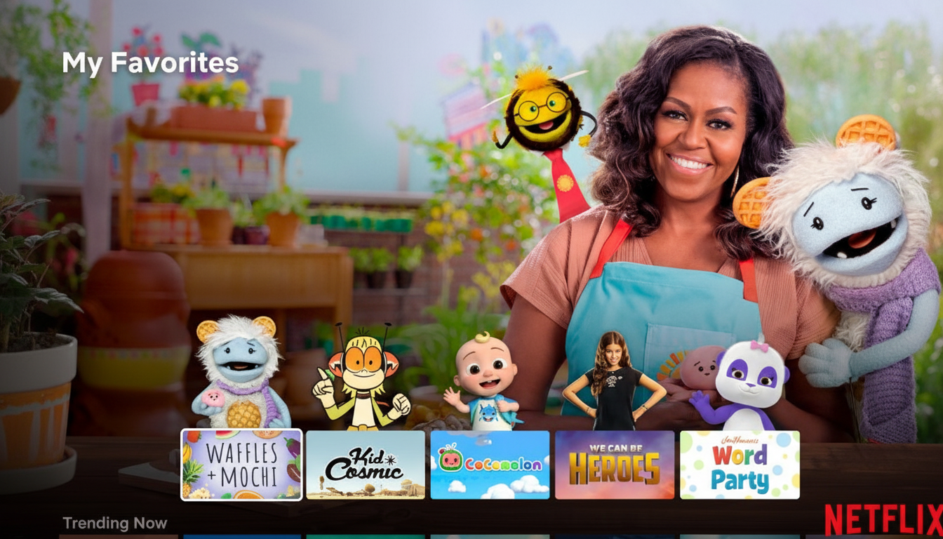 A 16:9 aspect ratio image of Michelle Obama smiling, wearing an apron, and surrounded by various animated characters and puppets, with a Netflix interface overlay showing My Favorites and several show thumbnails.