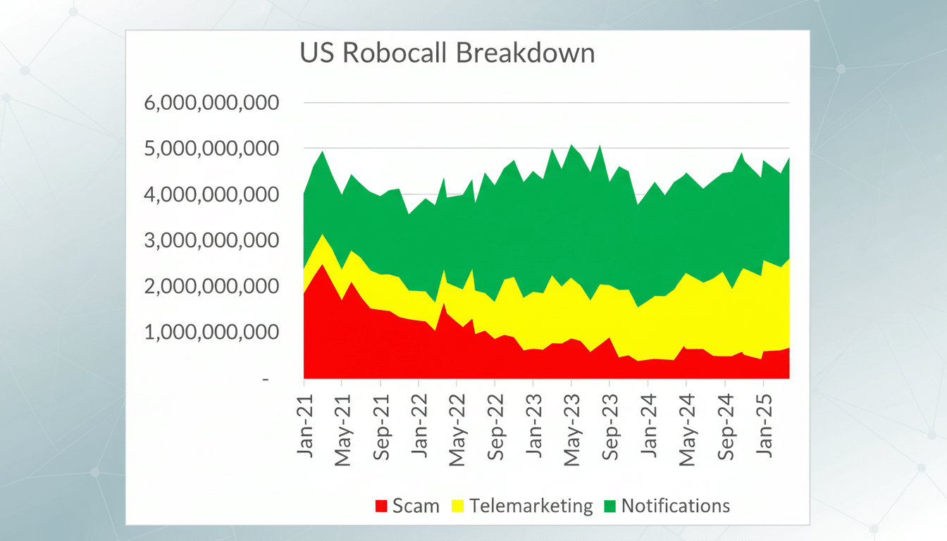 A bar chart displaying the breakdown of US Rob ocalls by type (Scam, Telemarketing, and Notifications) from January 202 1 to January 2025. The backgro
