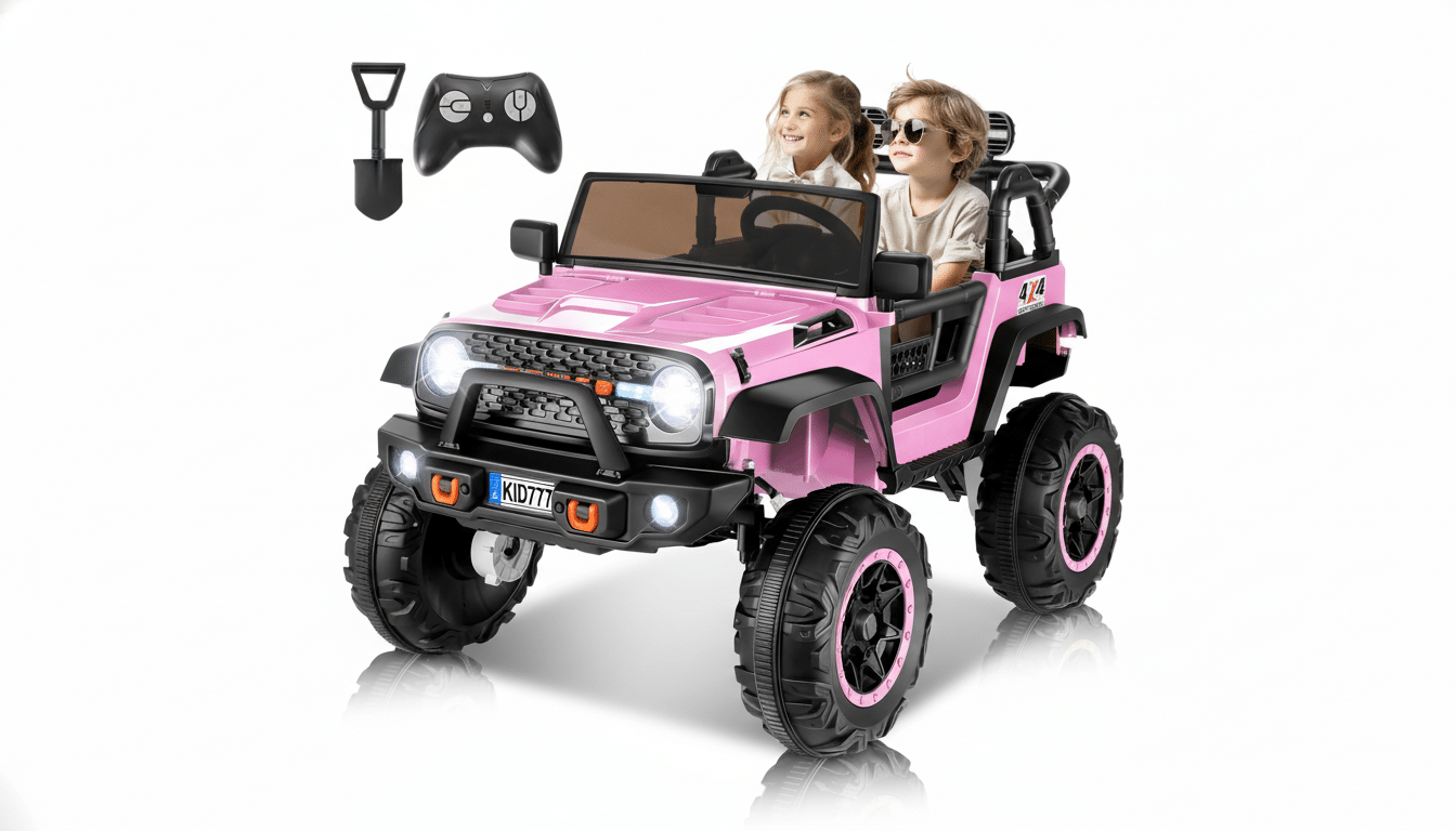 Two happy children, a girl and a boy, riding in a pink toy jeep with a remote control and shovel accessory visible in the upper left corner .
