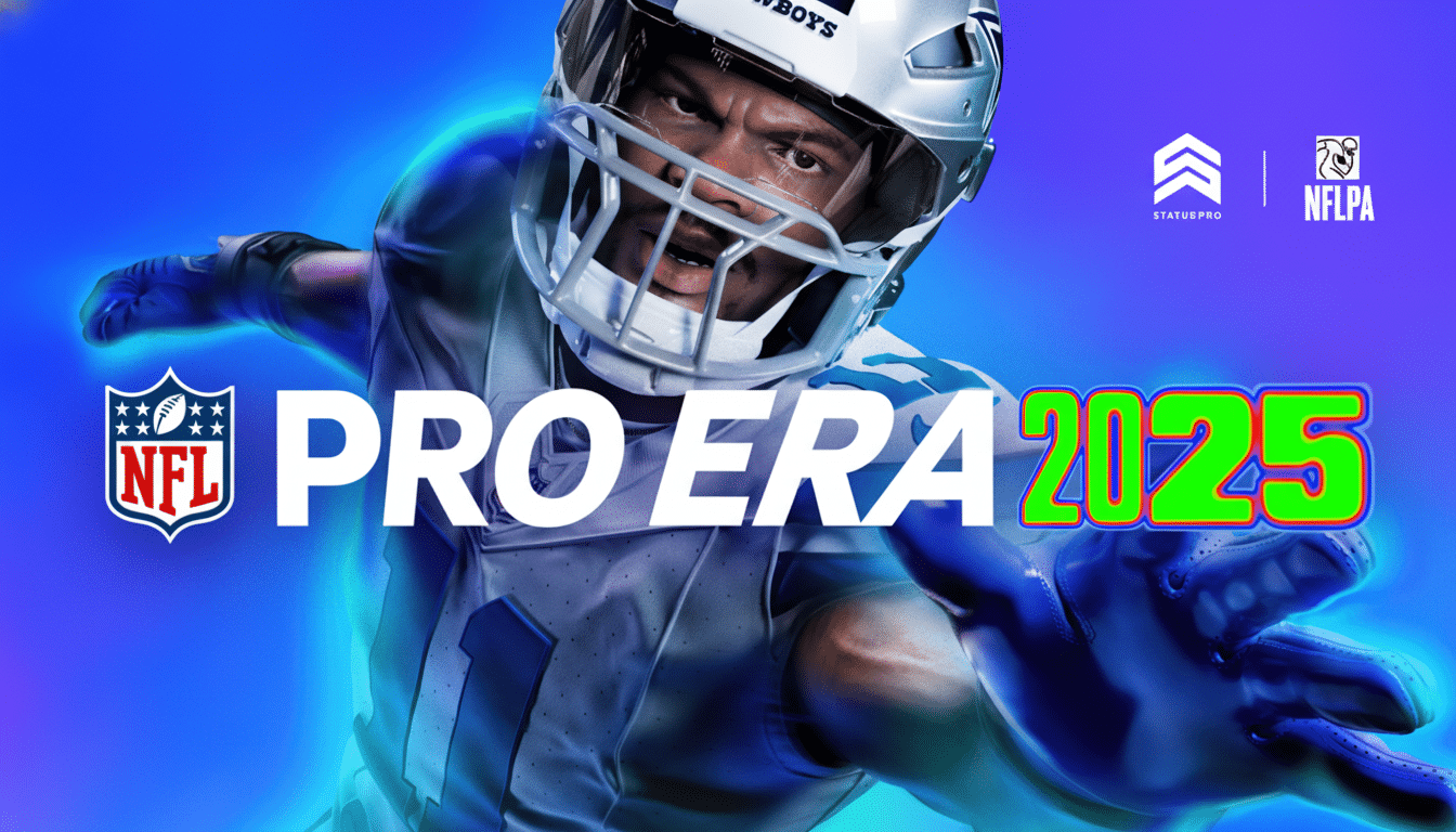 NFL Pro Era 20 25 game cover with a football player reaching out , set against a vibrant blue and purple background.