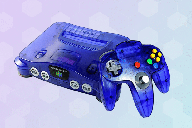 A translucent blue Nintendo 64 console and controller on a background with a subtle hexagonal pattern.