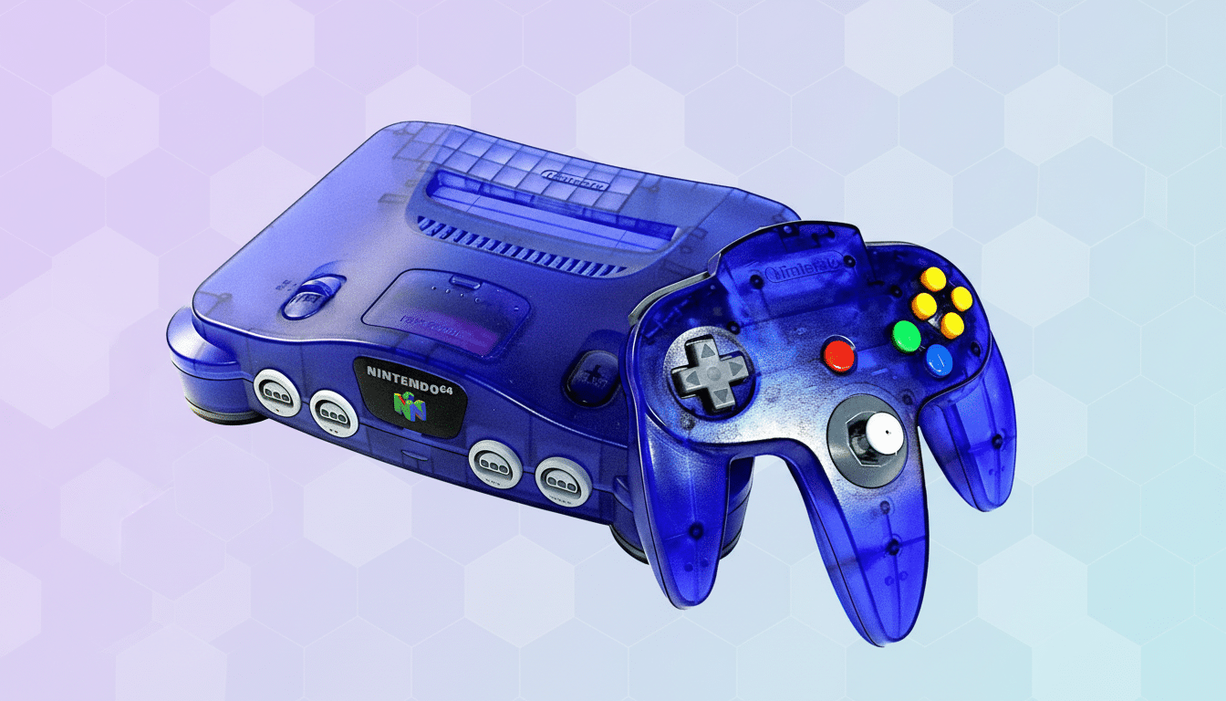 A translucent blue Nintendo 64 console and controller on a background with a subtle hexagonal pattern.