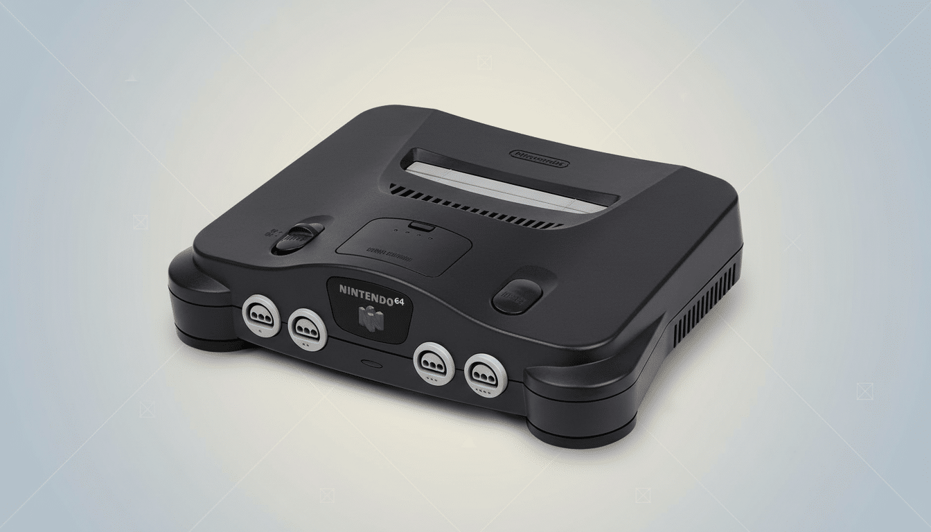 A black Nintendo 64 console on a professional flat design background with soft patterns.