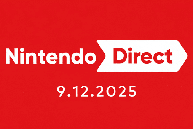 The Nintendo Direct logo in white text, with the word Direct inside a red arrow pointing right, all set against a solid red background. Below the logo