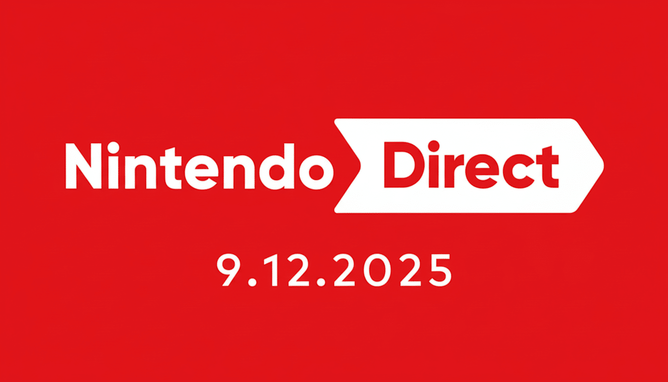 The Nintendo Direct logo in white text, with the word Direct inside a red arrow pointing right, all set against a solid red background. Below the logo