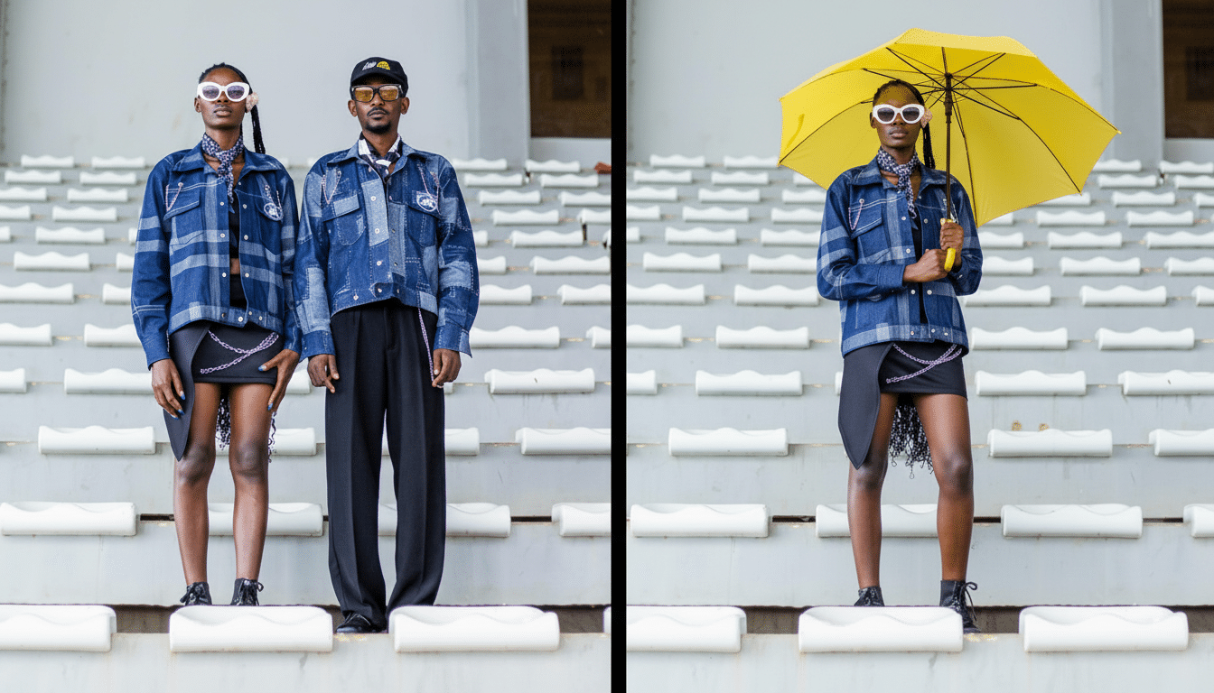 Two people in denim jackets and stylish outfits stand on stadium ble achers, one holding a yellow umbrella, presented in a 16:9 aspect ratio.