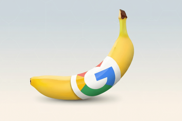 A yellow banana with a Google logo sticker on its peel, set against a professional light blue and white gradient background with a subtle hexagonal pa