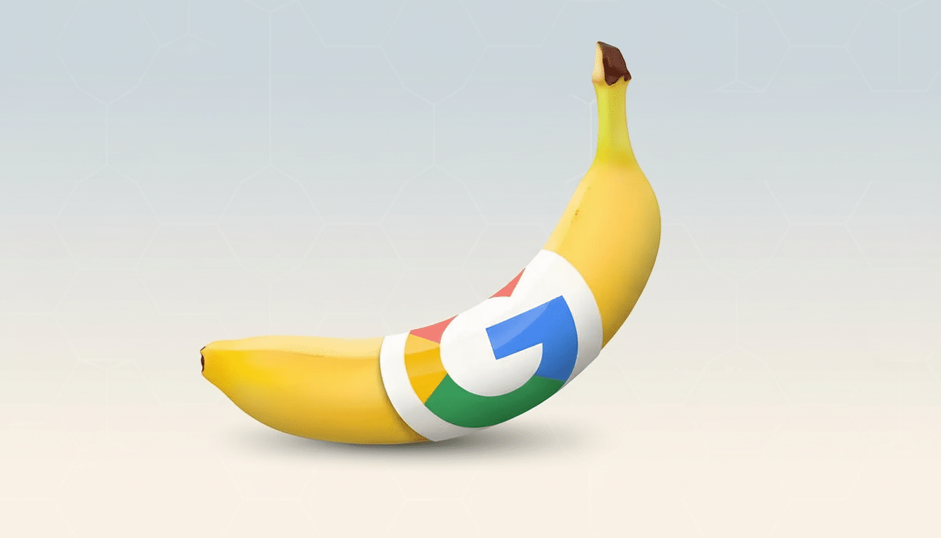 A yellow banana with a Google logo sticker on its peel, set against a professional light blue and white gradient background with a subtle hexagonal pa
