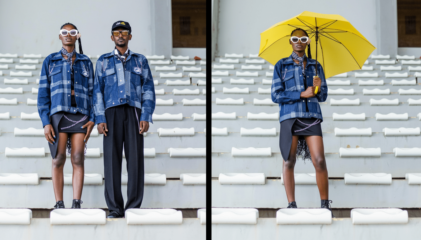A 16: 9 aspect ratio image featuring two individuals in denim outfits and a third individual holding a yellow umbrella, standing in a stadium.