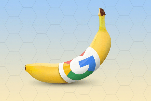 A yellow banana with a Google logo sticker on its peel , set against a professional gradient background with subtle hexagonal patterns. Filename : googlebanana logo. png