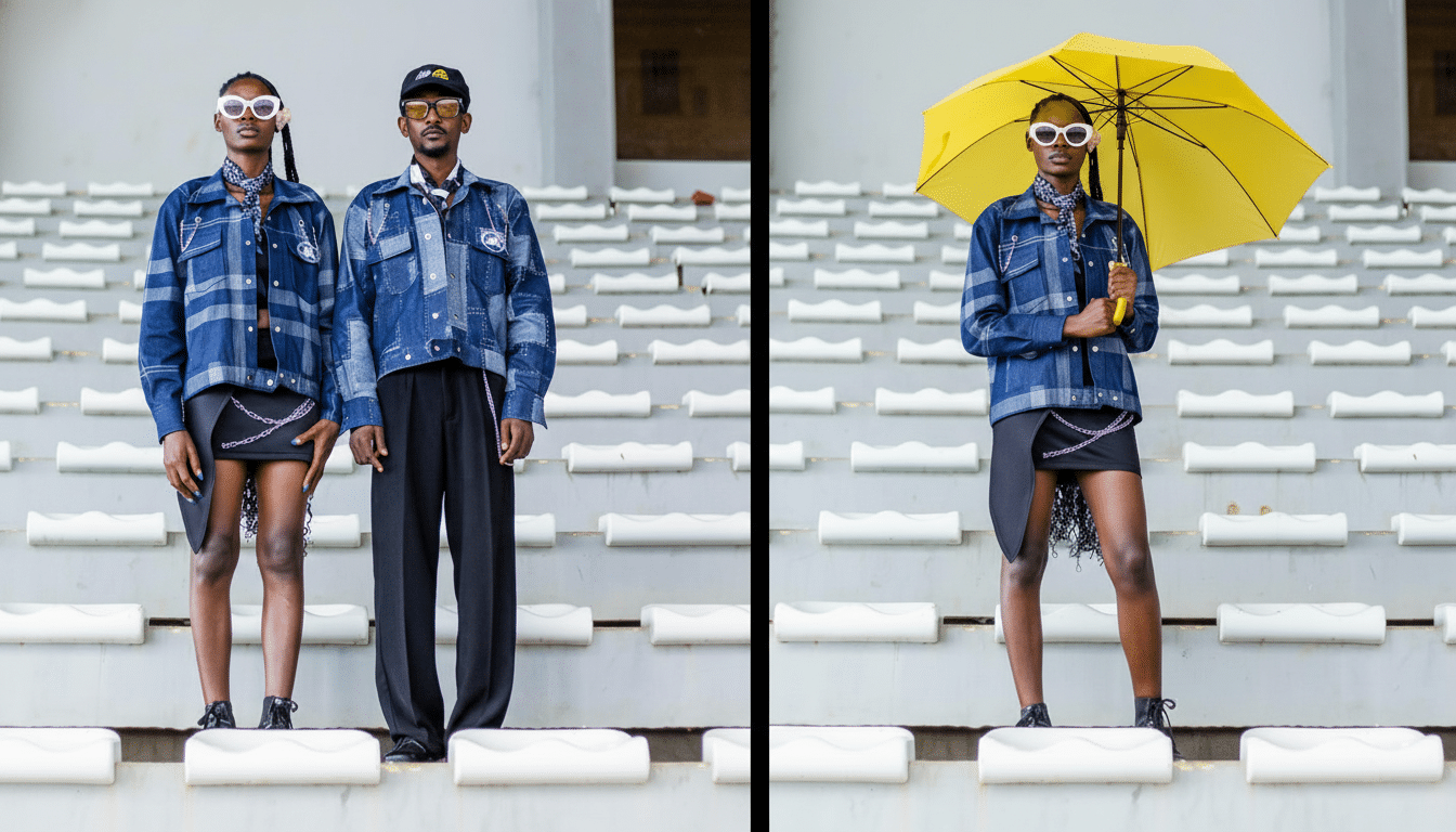Two models , one male and one female, standing on stadium ble achers. The female model on the right holds a yellow umbrella. Both are dressed in stylish denim jackets and sunglasses , posing against a backdrop of white ble achers and a grey wall.