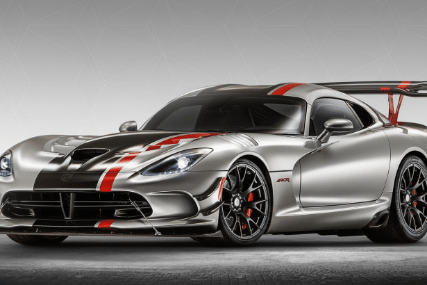 A silver Dodge Viper ACR with red and black racing stripes, presented in a 16: 9 aspect ratio with a subtle geometric pattern background.